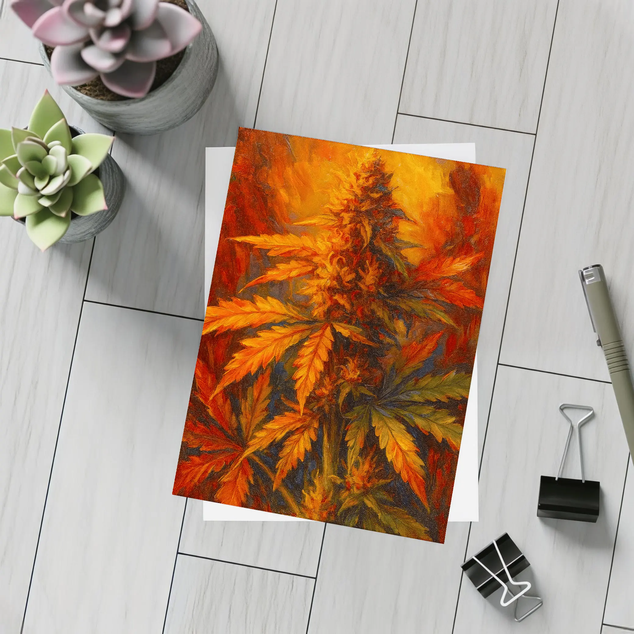 Cannabis Plant Oil Painting Fiery Background – Postcards