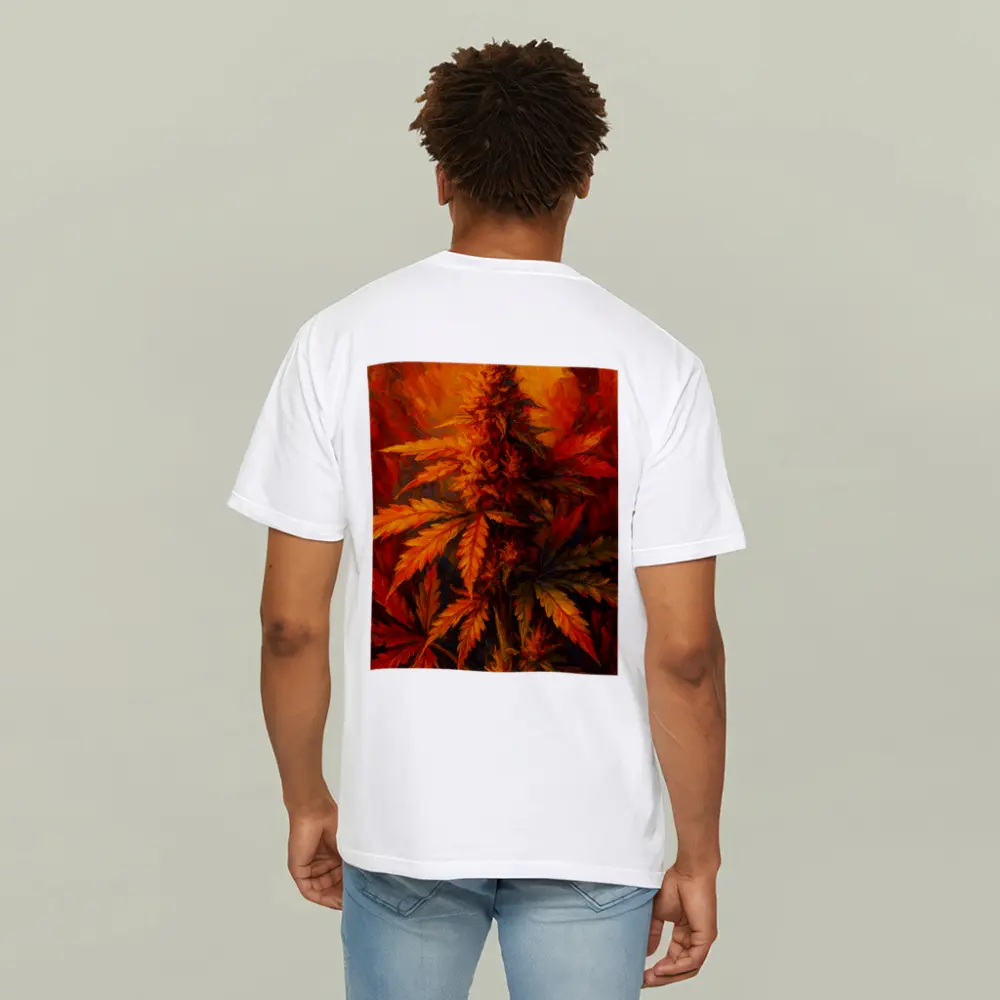 Cannabis Plant Oil Painting Fiery Background – T-Shirts