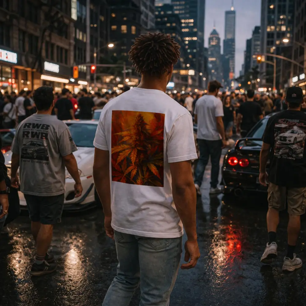 Cannabis Plant Oil Painting Fiery Background – T-Shirts