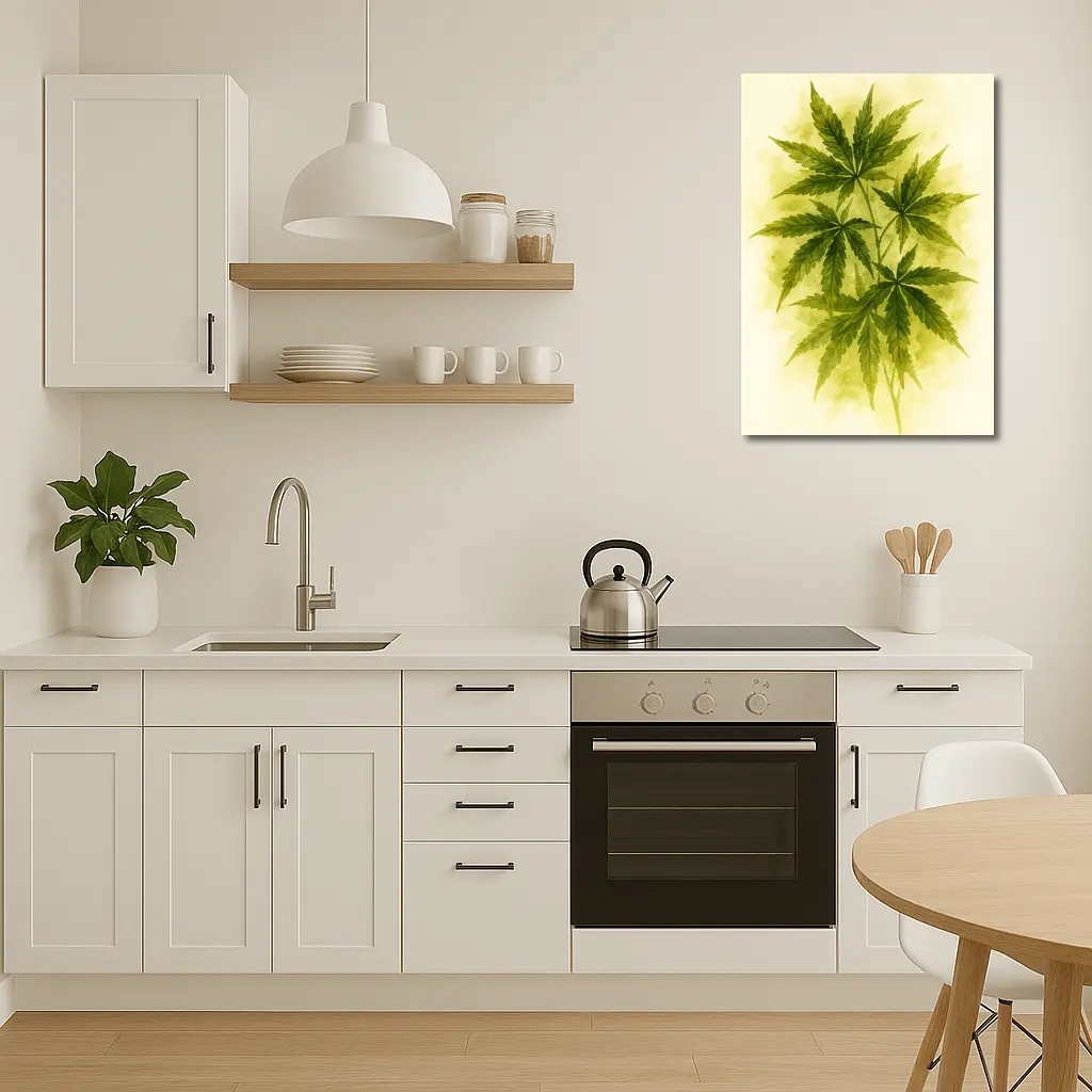 Cannabis Leaves Watercolor Art Beige Background – Wall Art