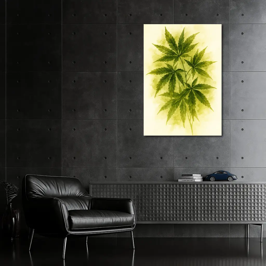 Cannabis Leaves Watercolor Art Beige Background – Wall Art