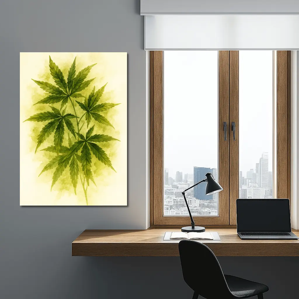 Cannabis Leaves Watercolor Art Beige Background – Wall Art