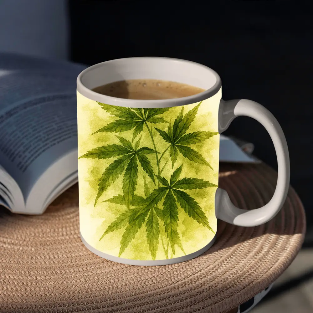 Cannabis Leaves Watercolor Art Beige Background – Mugs