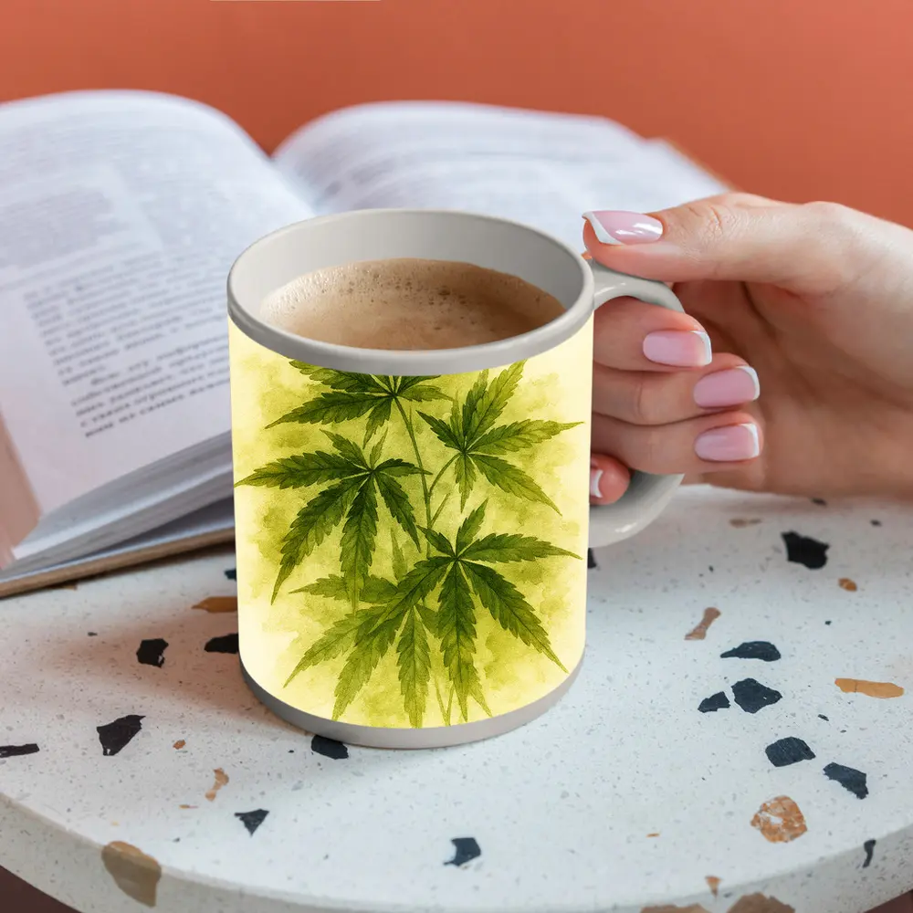 Cannabis Leaves Watercolor Art Beige Background – Mugs