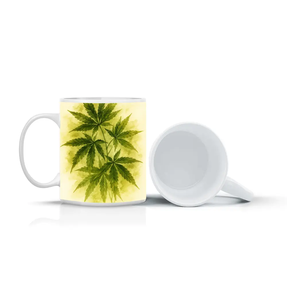 Cannabis Leaves Watercolor Art Beige Background – Mugs
