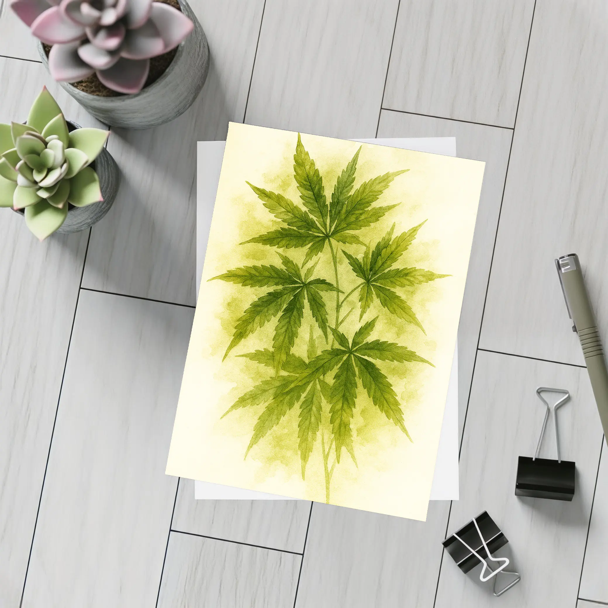 Cannabis Leaves Watercolor Art Beige Background – Postcards