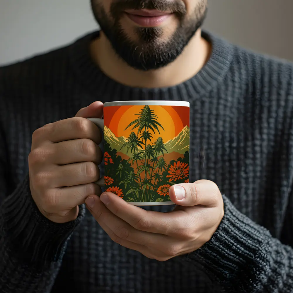 Flower Power Cannabis Retro Sunset Mountains – Mugs