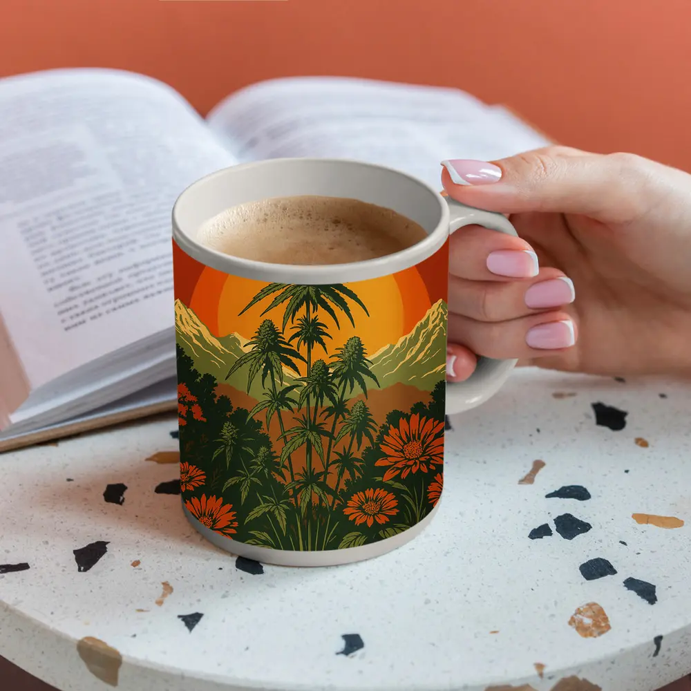 Flower Power Cannabis Retro Sunset Mountains – Mugs