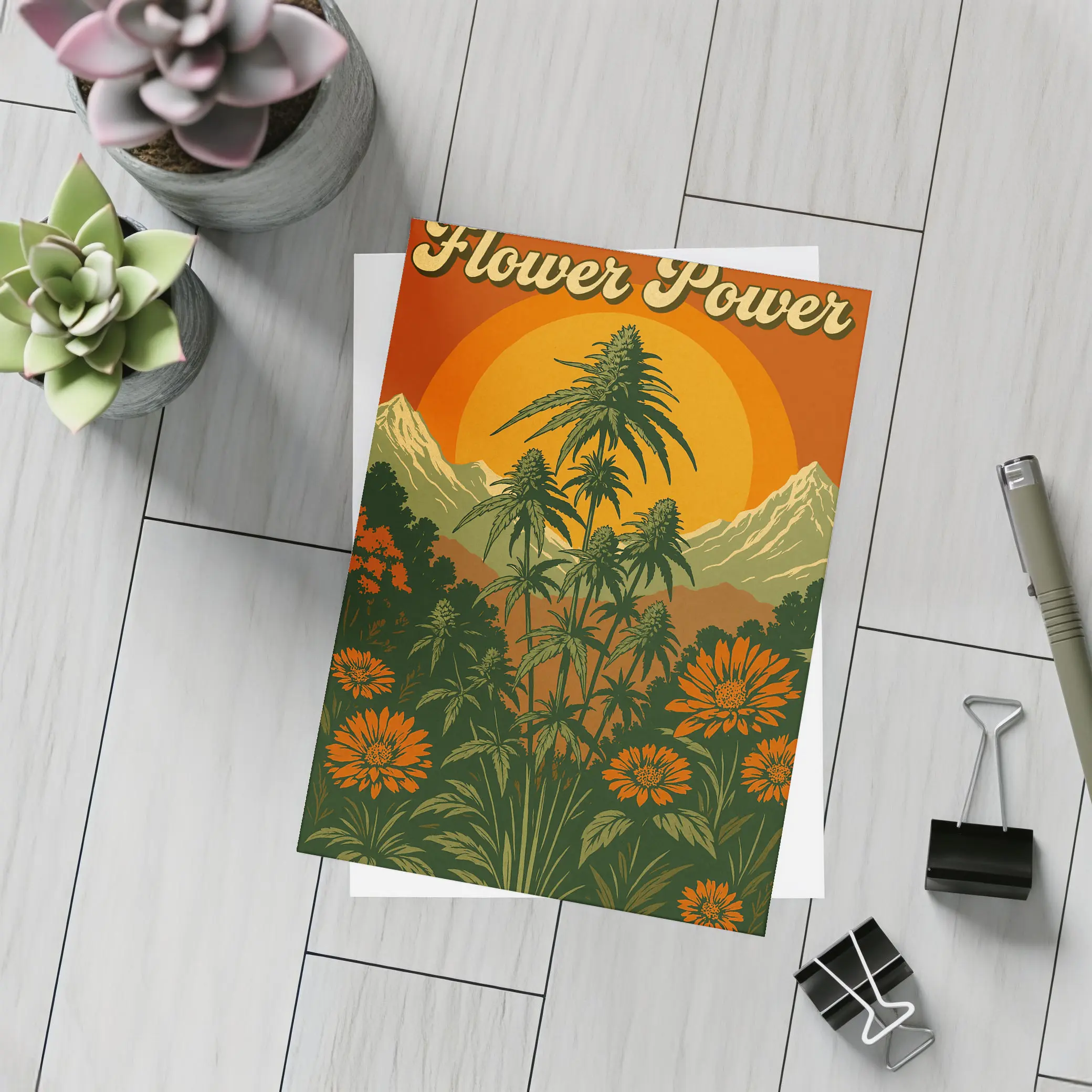 Flower Power Cannabis Retro Sunset Mountains – Postcards