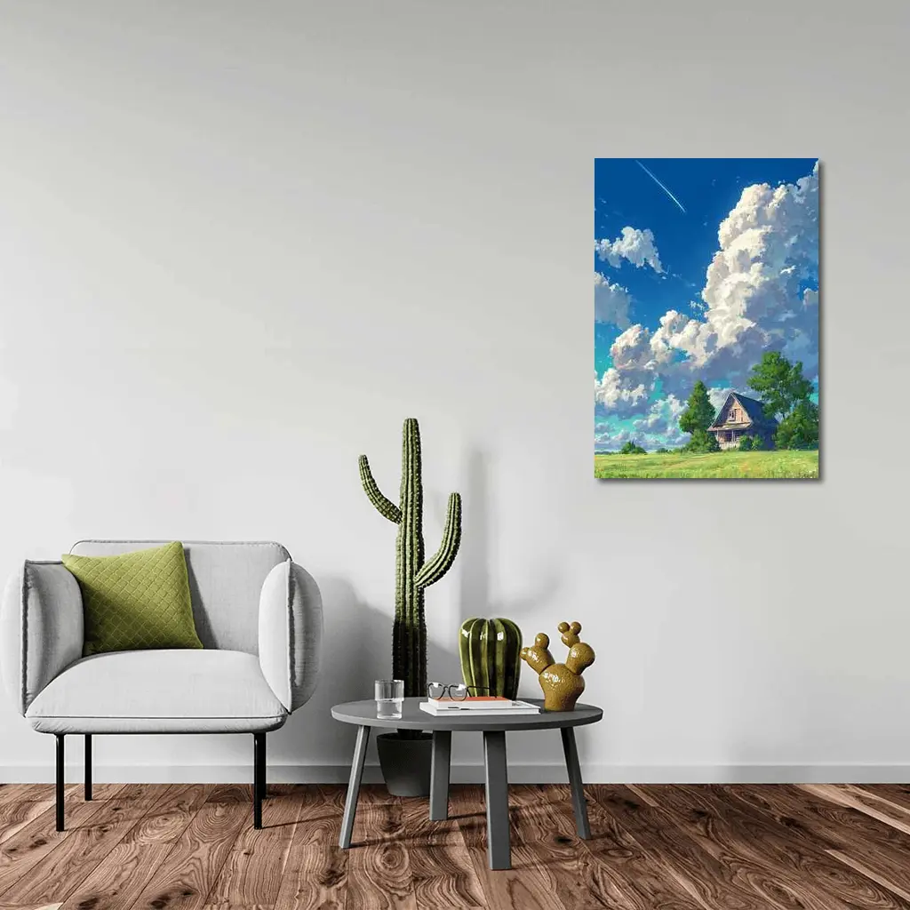 Anime Style Countryside House Under Blue Sky – Wall Art