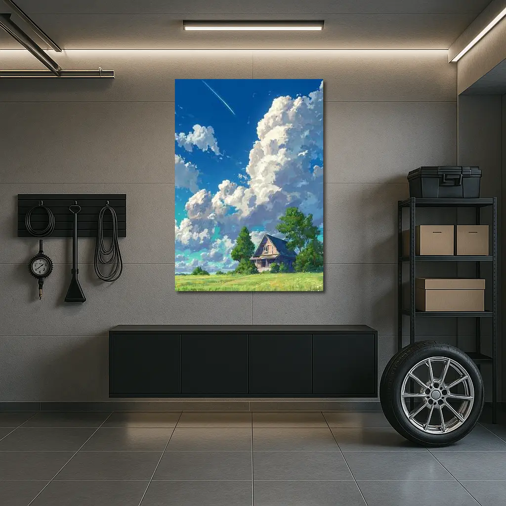 Anime Style Countryside House Under Blue Sky – Wall Art