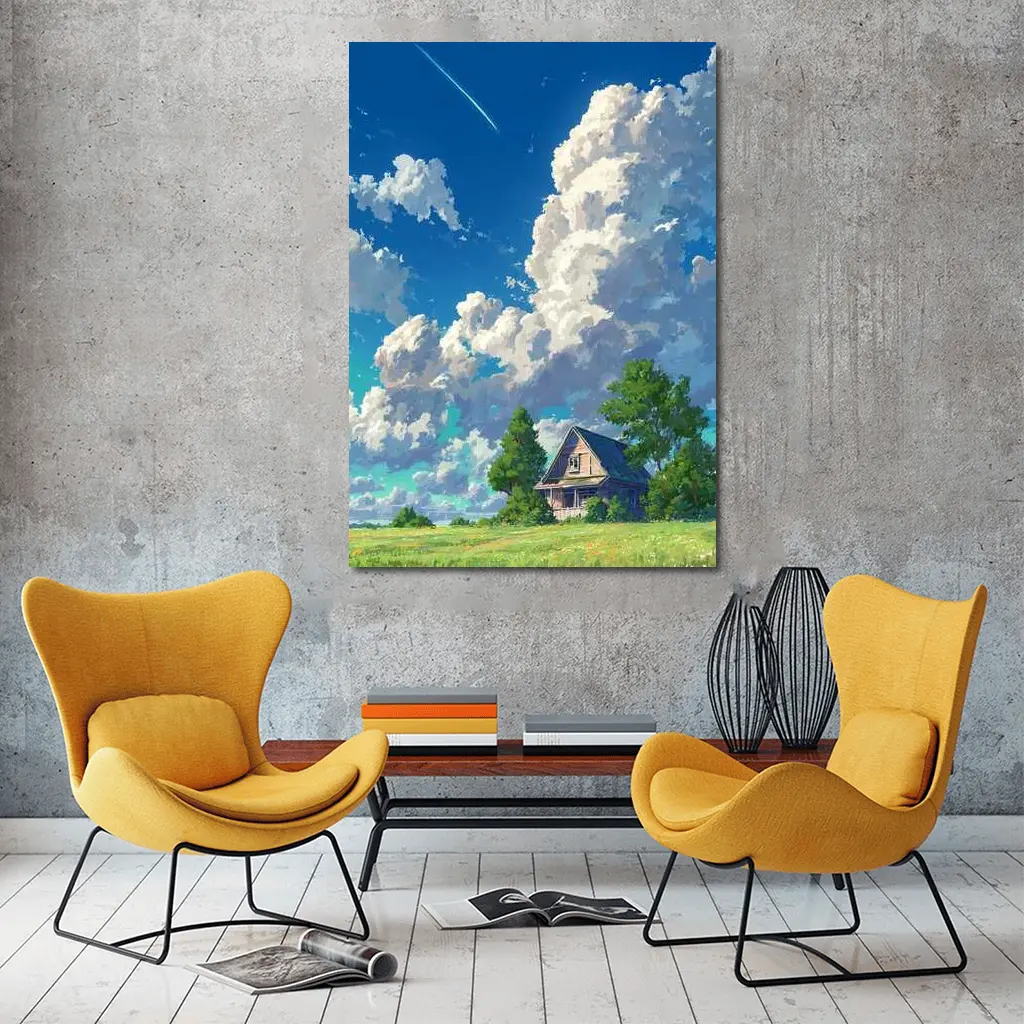 Anime Style Countryside House Under Blue Sky – Wall Art
