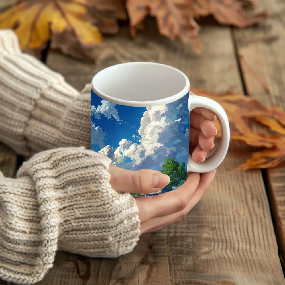 Anime Style Countryside House Under Blue Sky – Mugs