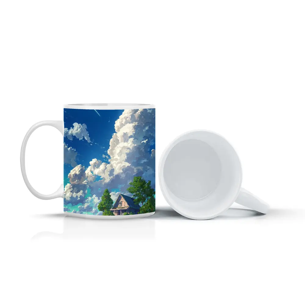 Anime Style Countryside House Under Blue Sky – Mugs