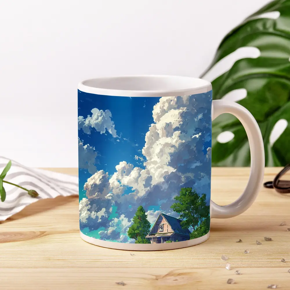 Anime Style Countryside House Under Blue Sky – Mugs