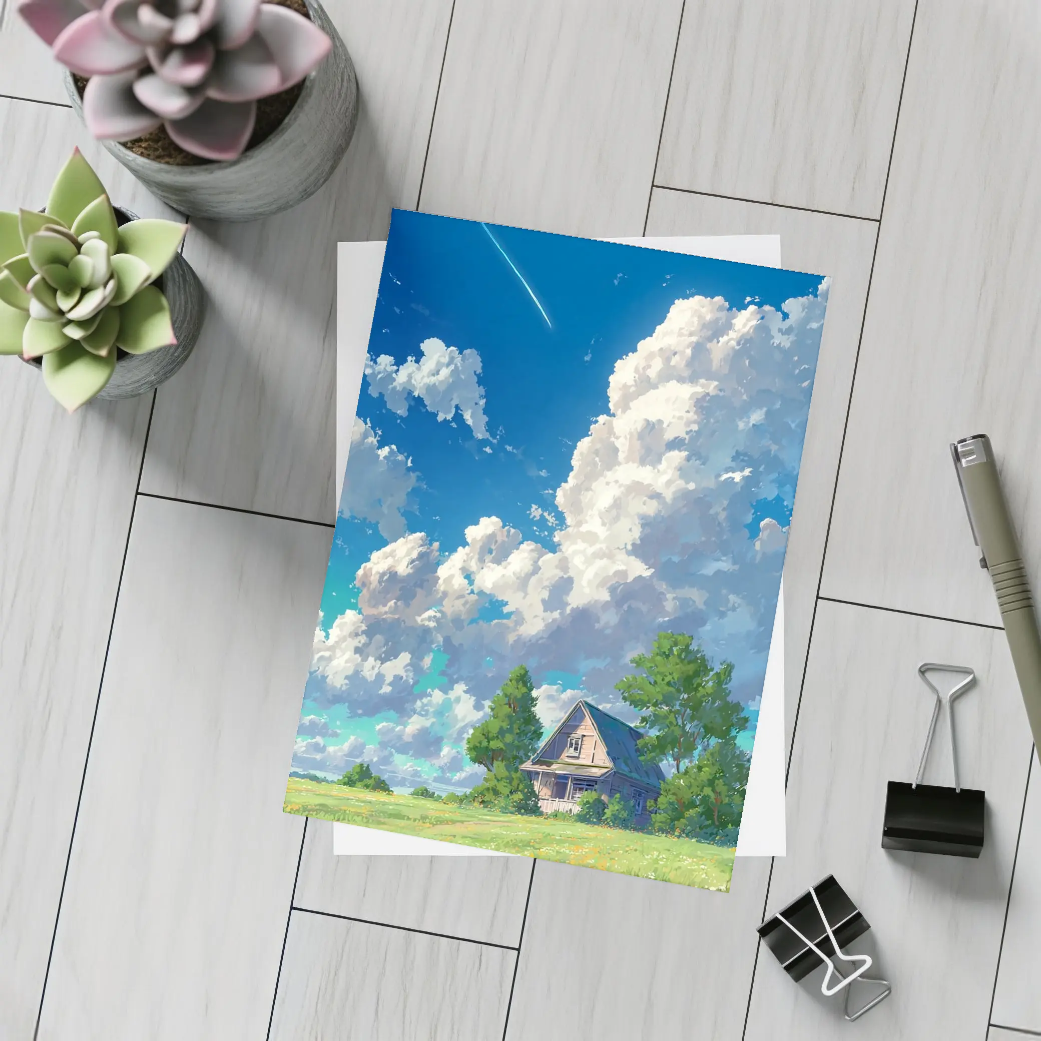 Anime Style Countryside House Under Blue Sky – Postcards