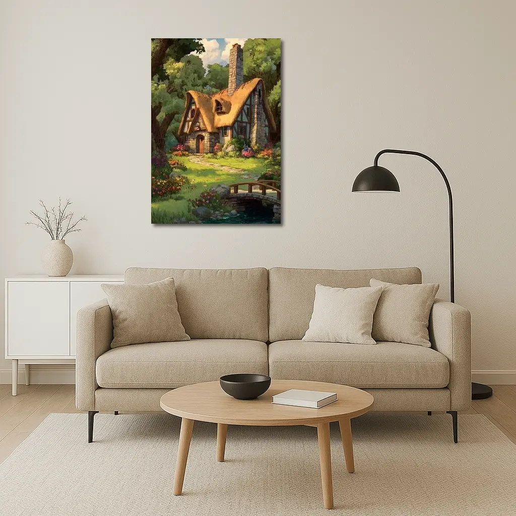Cozy Thatched Cottage Forest Watercolor Art – Wall Art