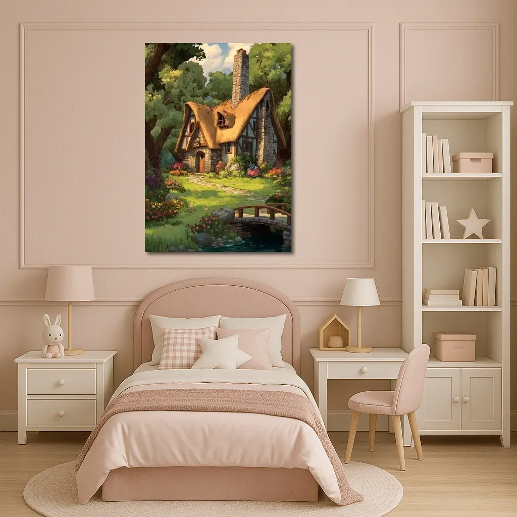 Cozy Thatched Cottage Forest Watercolor Art – Wall Art