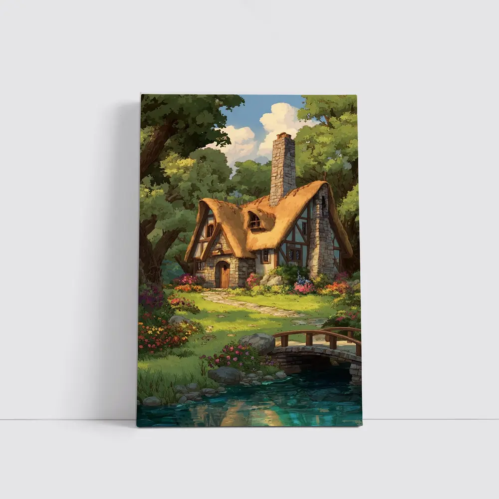 Cozy Thatched Cottage Forest Watercolor Art – Wall Art