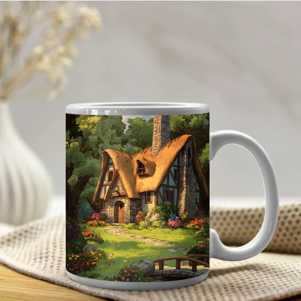 Cozy Thatched Cottage Forest Watercolor Art – Mugs