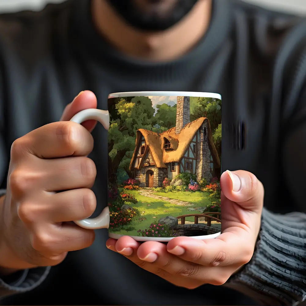 Cozy Thatched Cottage Forest Watercolor Art – Mugs