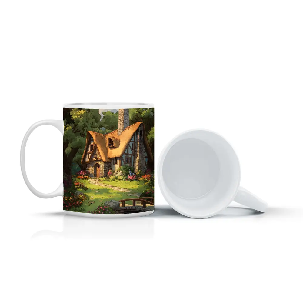 Cozy Thatched Cottage Forest Watercolor Art – Mugs