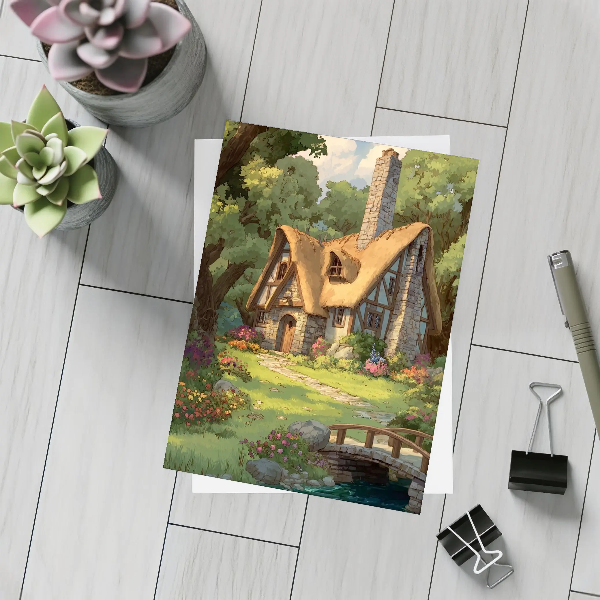 Cozy Thatched Cottage Forest Watercolor Art – Postcards