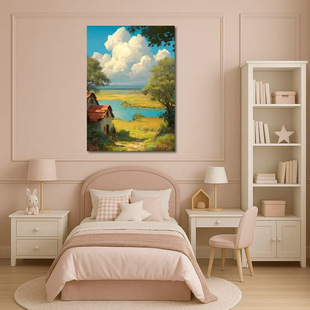 Anime Style Countryside Cottage Lake Landscape – Wall Art