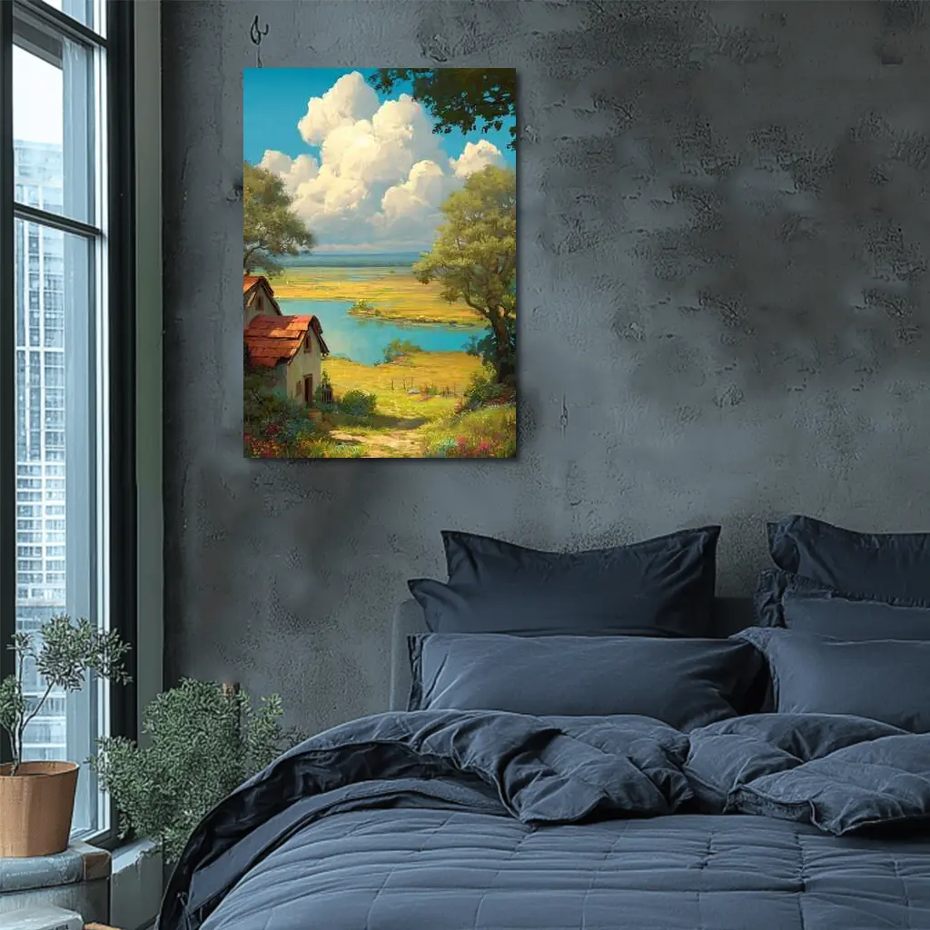 Anime Style Countryside Cottage Lake Landscape – Wall Art