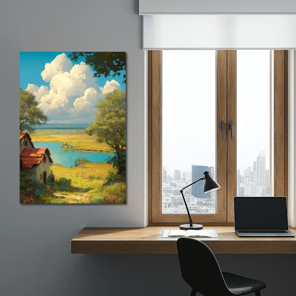 Anime Style Countryside Cottage Lake Landscape – Wall Art
