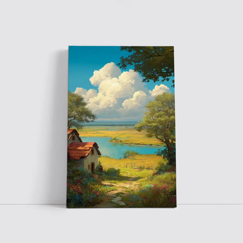 Anime Style Countryside Cottage Lake Landscape – Wall Art