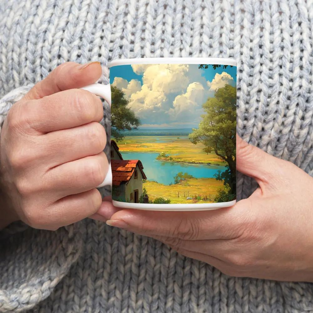 Anime Style Countryside Cottage Lake Landscape – Mugs