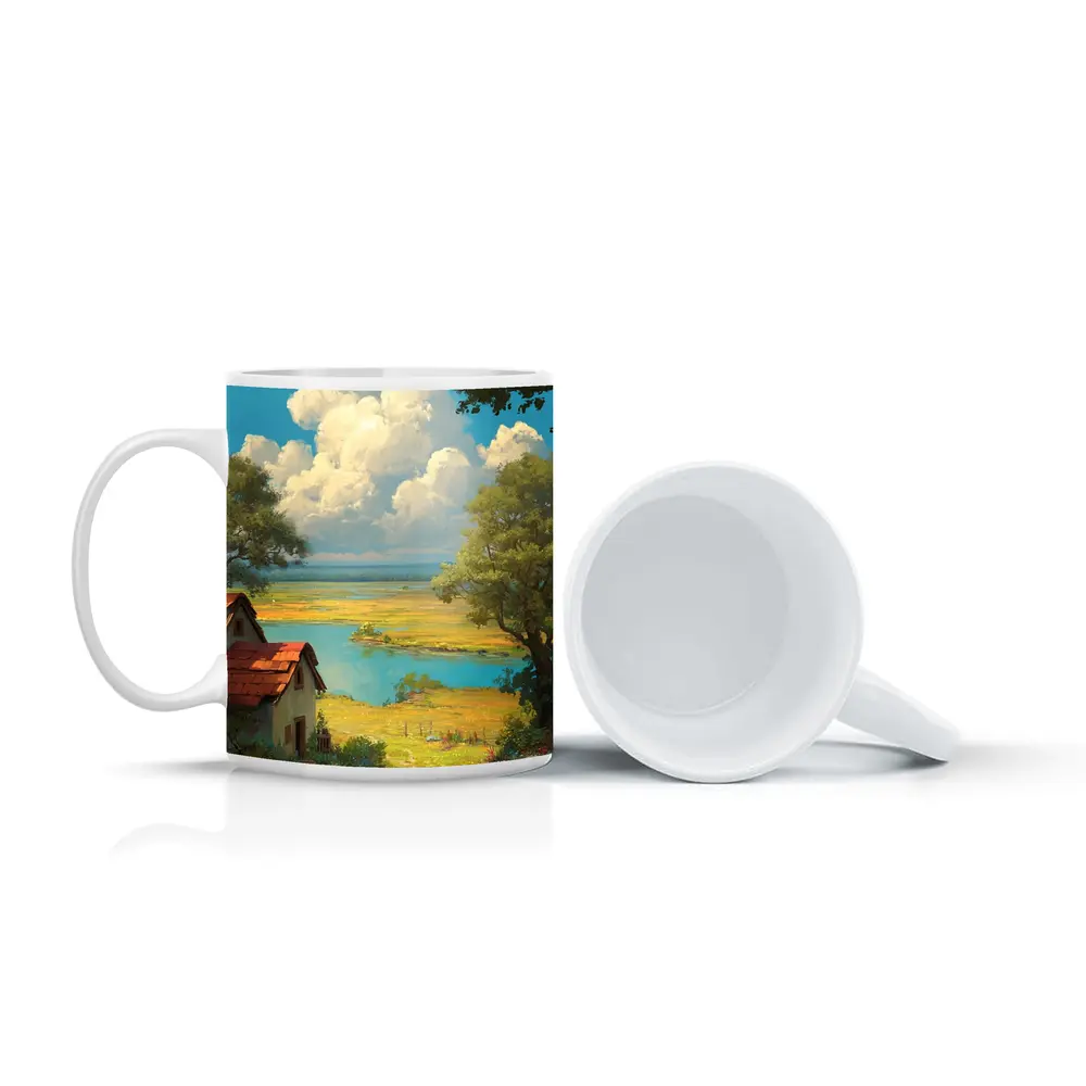 Anime Style Countryside Cottage Lake Landscape – Mugs
