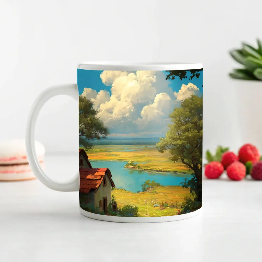 Anime Style Countryside Cottage Lake Landscape – Mugs