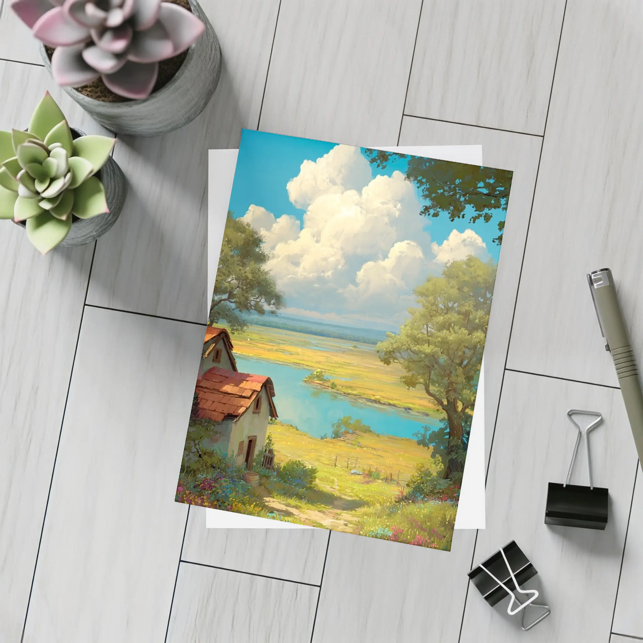 Anime Style Countryside Cottage Lake Landscape – Postcards