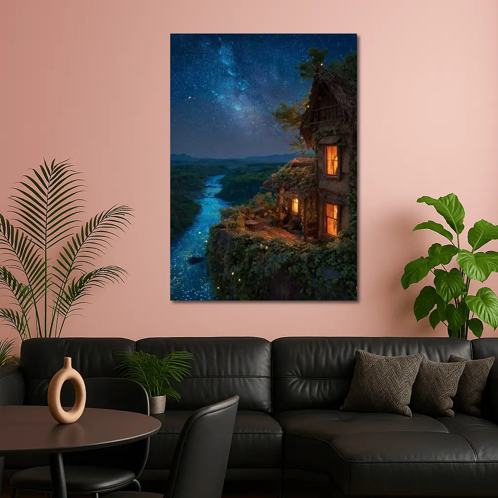 Cliffside Cottage Glowing River Milky Way Night – Wall Art