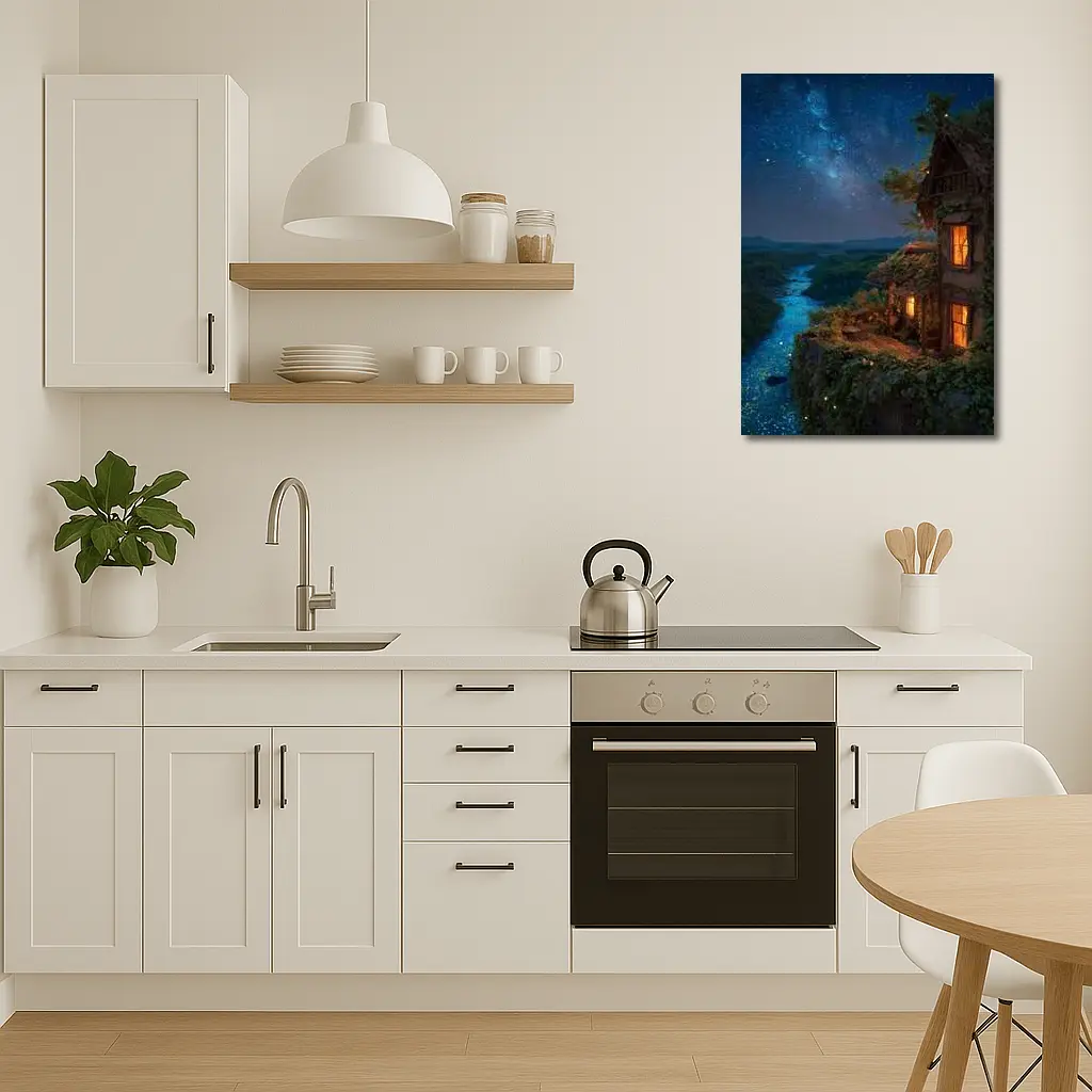 Cliffside Cottage Glowing River Milky Way Night – Wall Art
