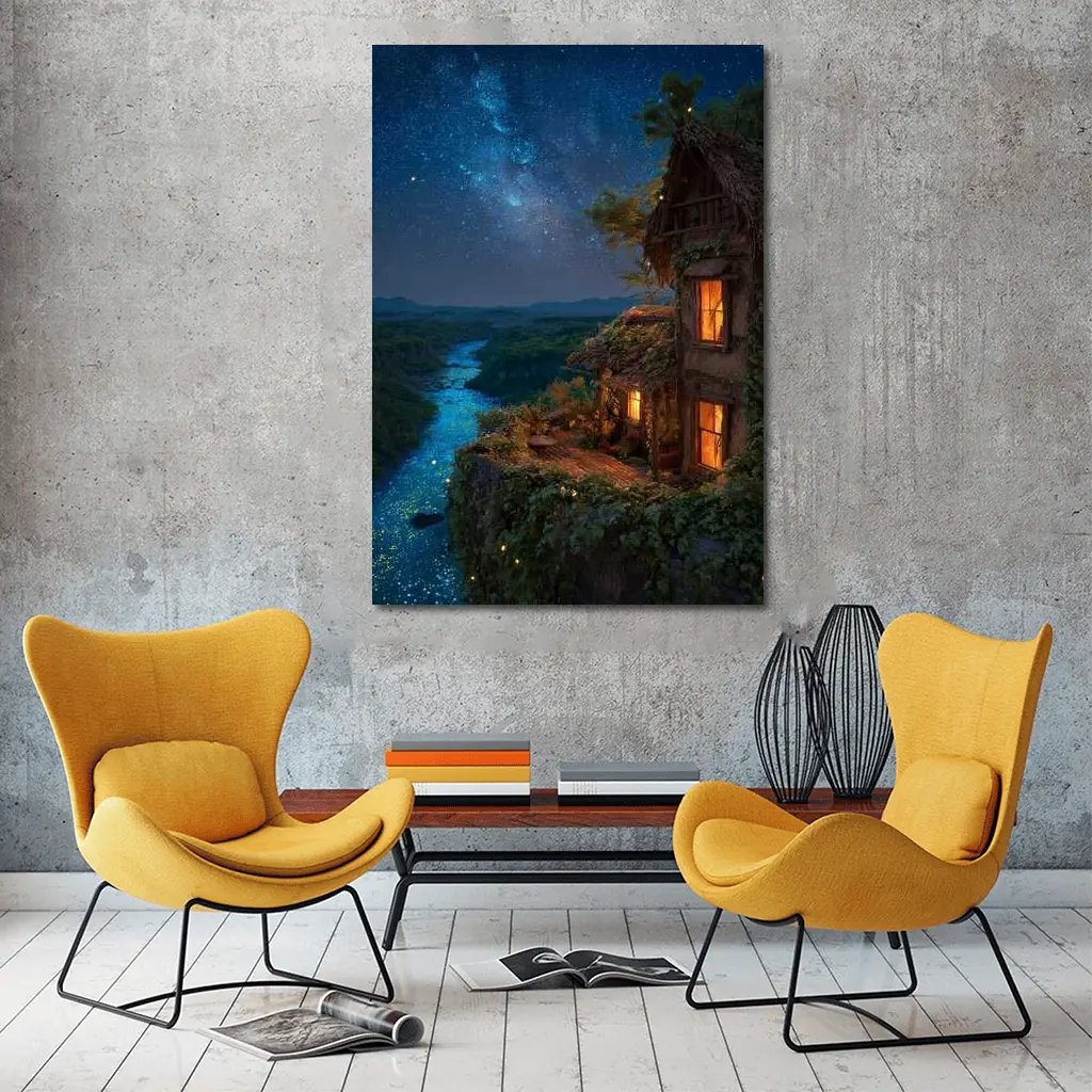 Cliffside Cottage Glowing River Milky Way Night – Wall Art