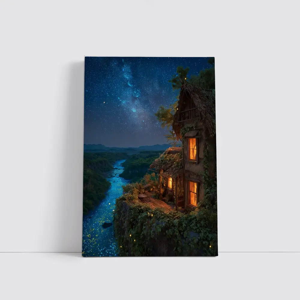 Cliffside Cottage Glowing River Milky Way Night – Wall Art