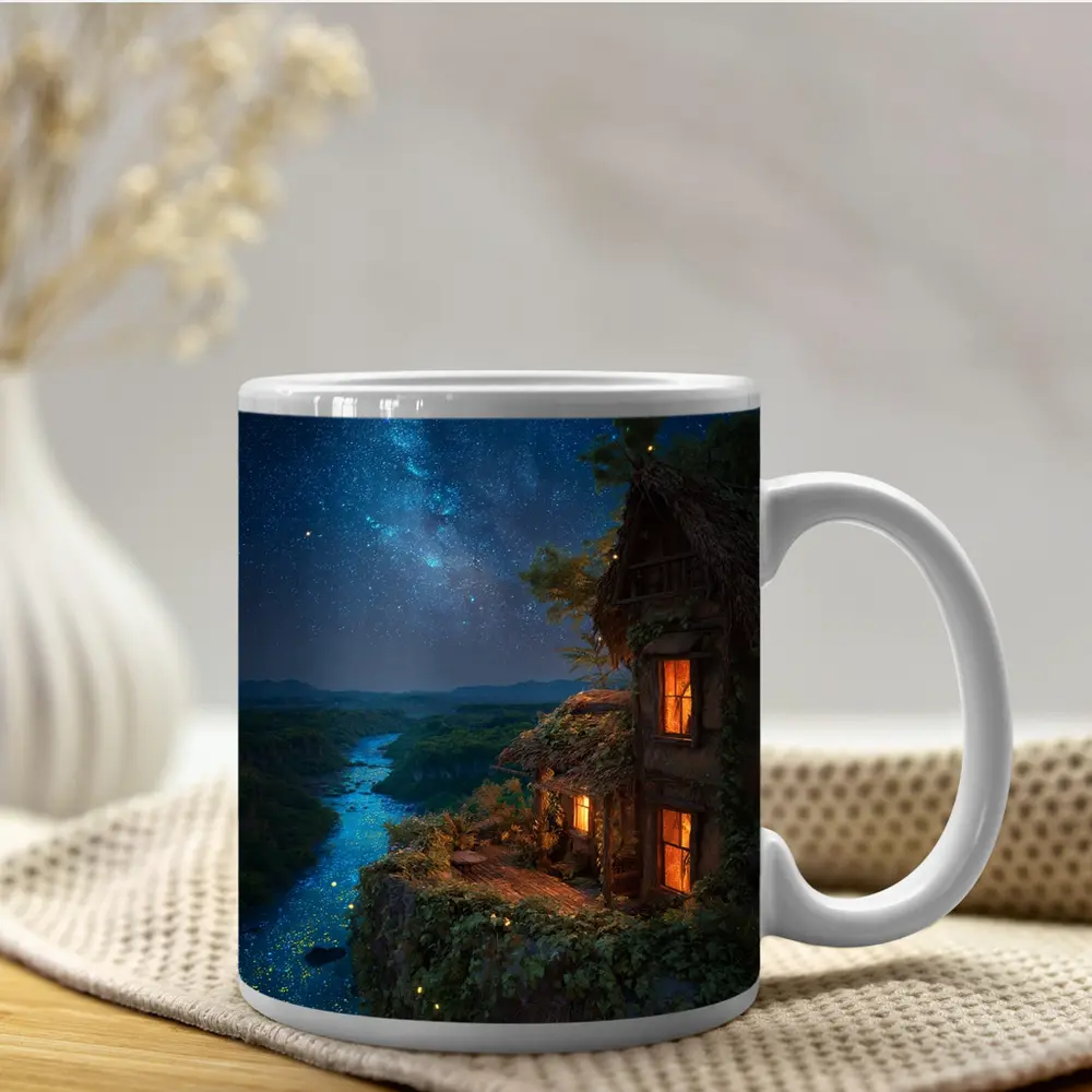 Cliffside Cottage Glowing River Milky Way Night – Mugs