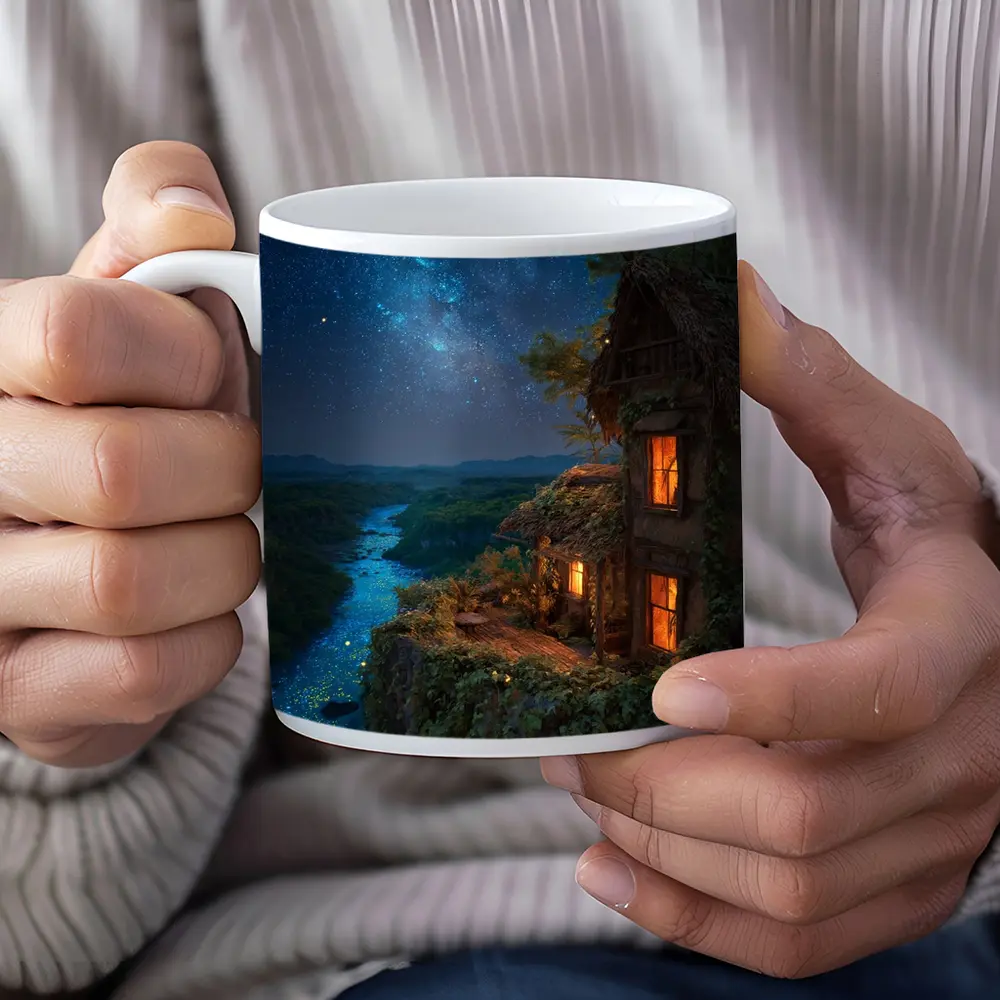 Cliffside Cottage Glowing River Milky Way Night – Mugs