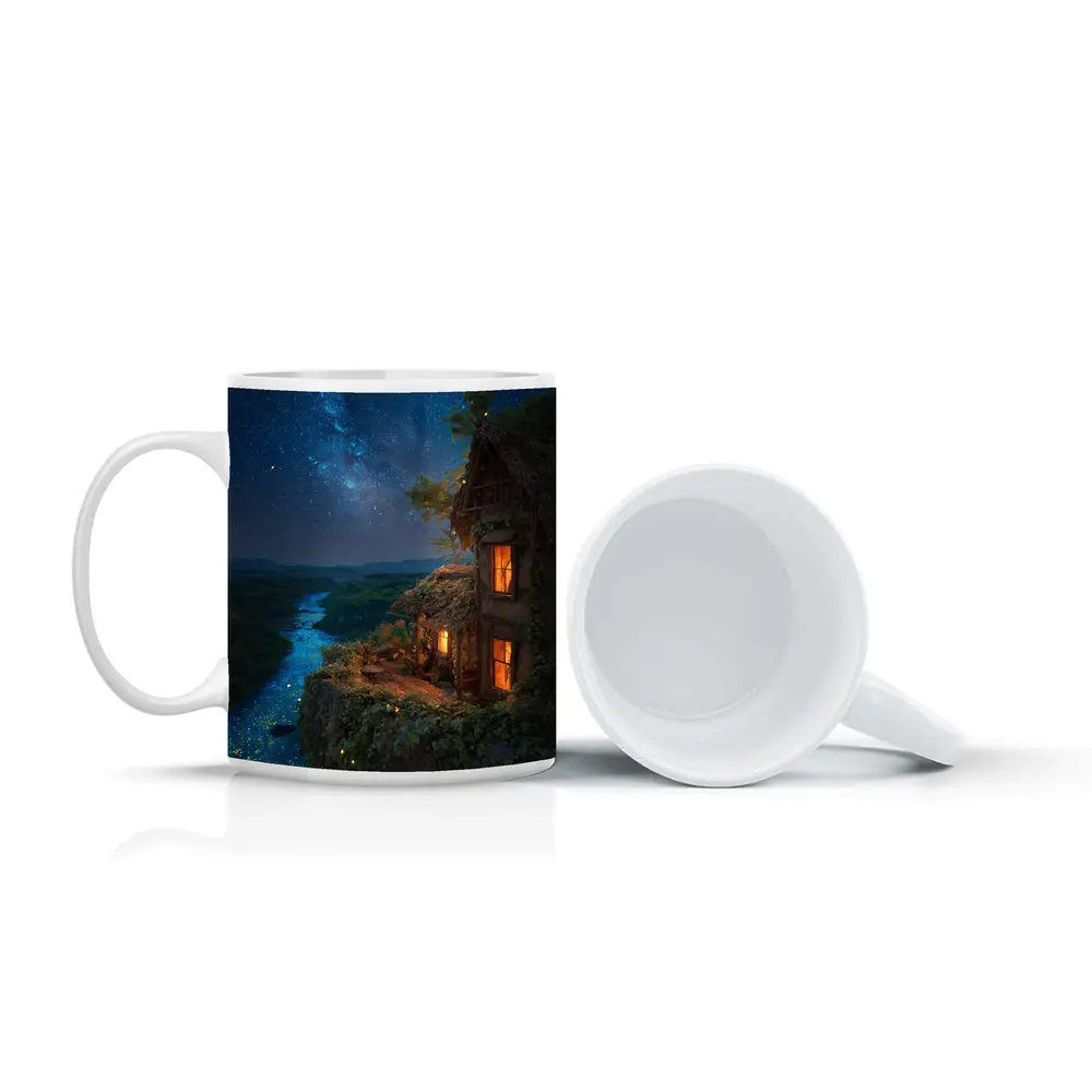 Cliffside Cottage Glowing River Milky Way Night – Mugs