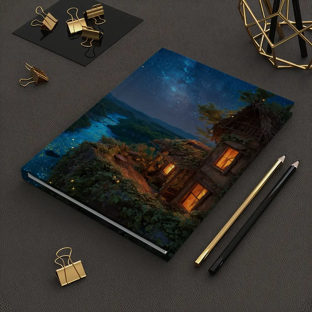 Cliffside Cottage Glowing River Milky Way Night – Notebooks