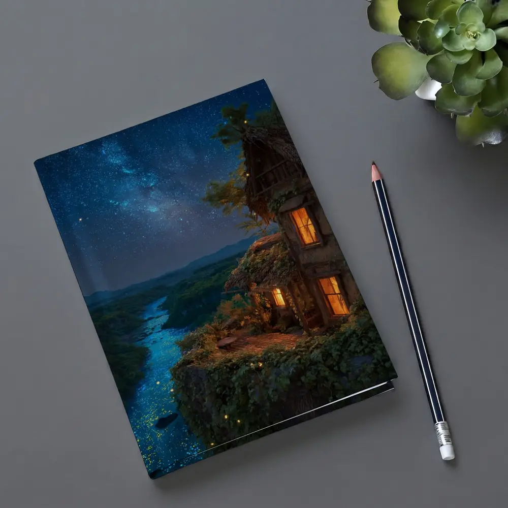 Cliffside Cottage Glowing River Milky Way Night – Notebooks