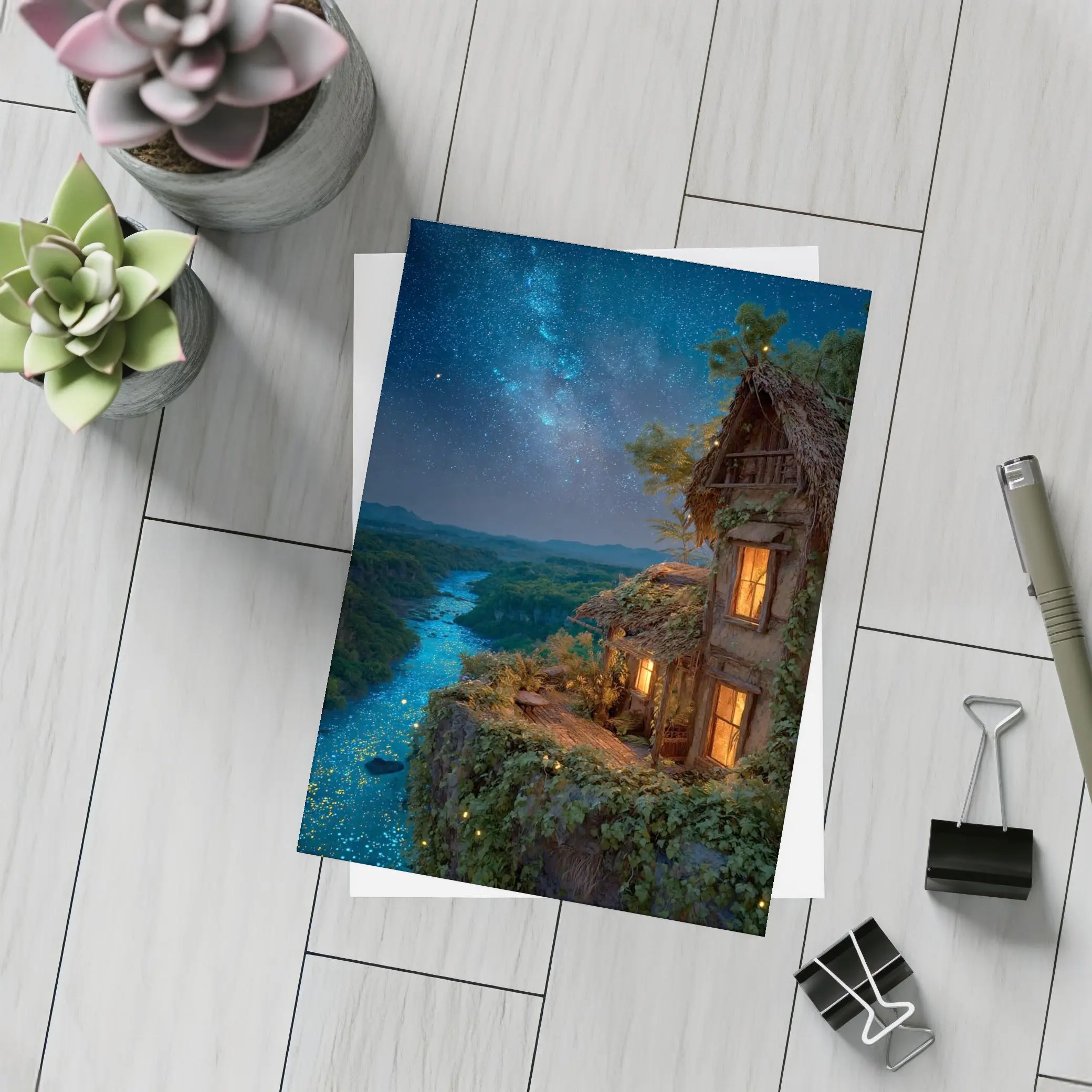 Cliffside Cottage Glowing River Milky Way Night – Postcards