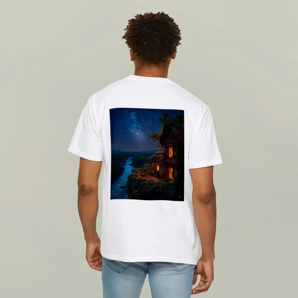 Cliffside Cottage Glowing River Milky Way Night – T-Shirts