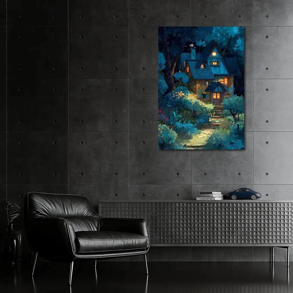 Cozy Cottage in Moonlit Forest Night – Wall Art