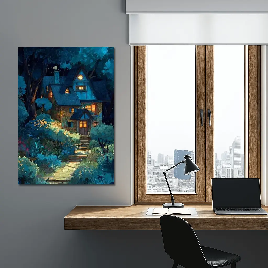 Cozy Cottage in Moonlit Forest Night – Wall Art