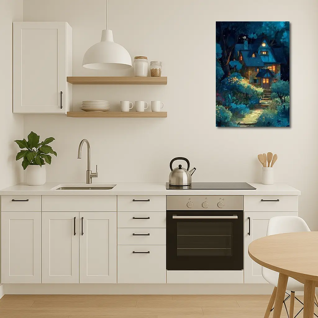Cozy Cottage in Moonlit Forest Night – Wall Art
