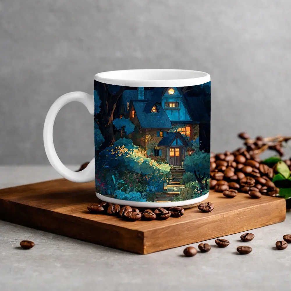 Cozy Cottage in Moonlit Forest Night – Mugs